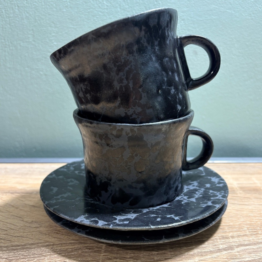 Bennington Potters Black Spatter Stoneware Cup Saucer Set of 2 Vermont 1626